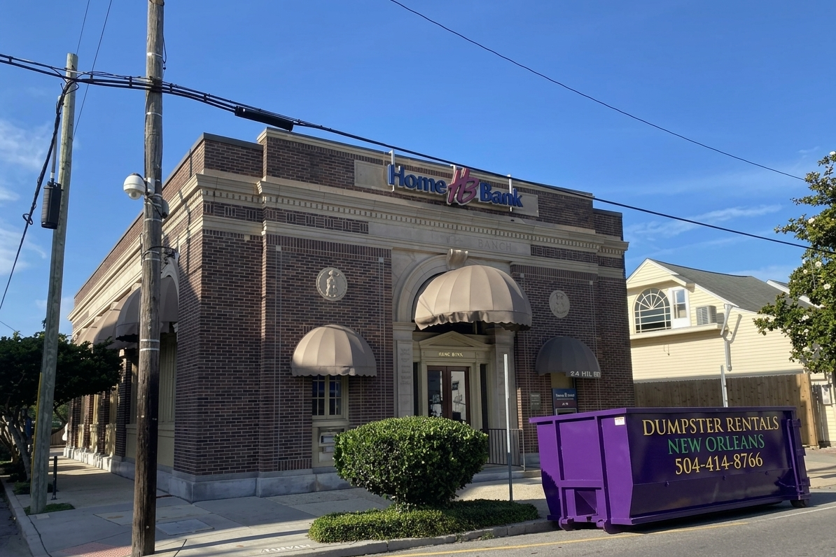 Purple NOLA Dumpster Rentals roll-off dumpster beside the historic Home Bank building in New Orleans