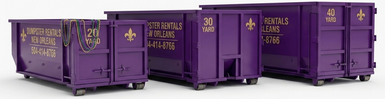 NOLA Dumpster Rentals 20, 30, and 40 yard purple roll-off dumpsters with gold fleur-de-lis and 504-414-8766