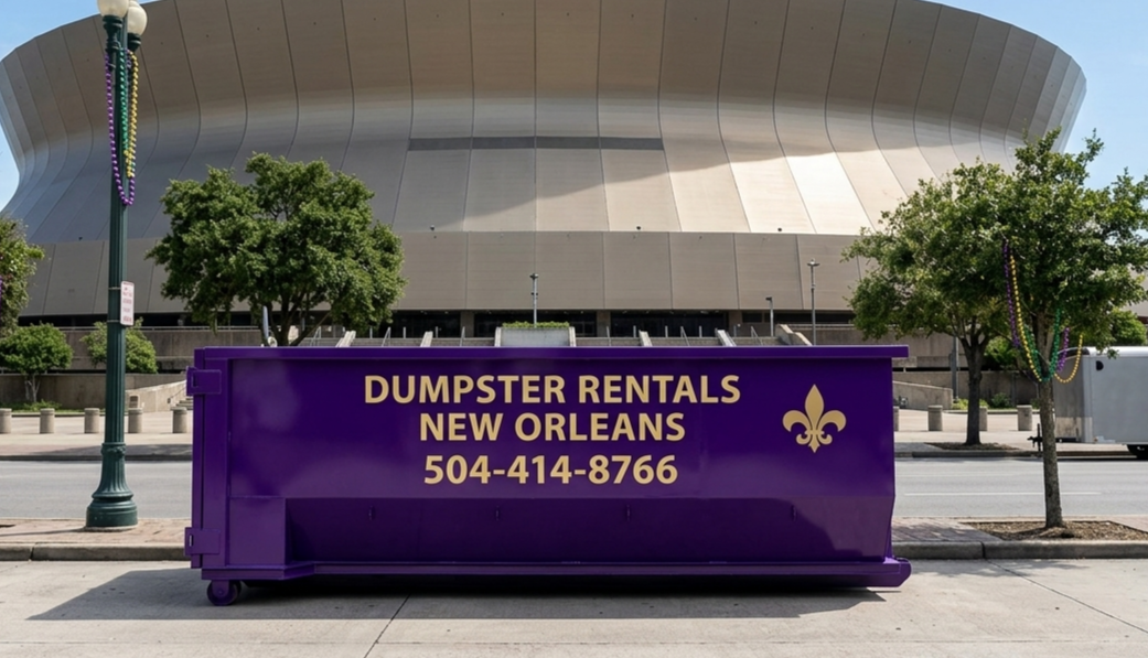 NOLA Dumpster Rentals purple roll-off dumpster parked in front of the Caesars Superdome in New Orleans